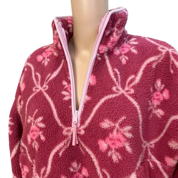 Old Navy Quarter Zip Sherpa Pullover Jacket Small Floral Bow Print Coquette Pink - Picture 2 of 8